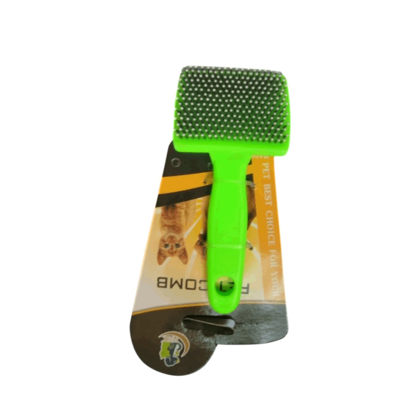 PetFriend medium sized green silicone pet grooming brush with soft bristles on retail packaging