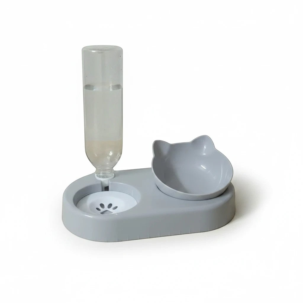 PetFriend grey cat-shaped food bowl with an integrated water dispenser bottle for cats