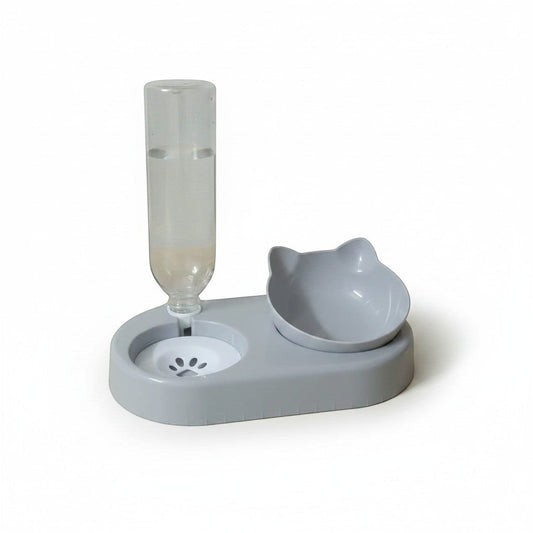 PetFriend grey cat-shaped food bowl with an integrated water dispenser bottle for cats