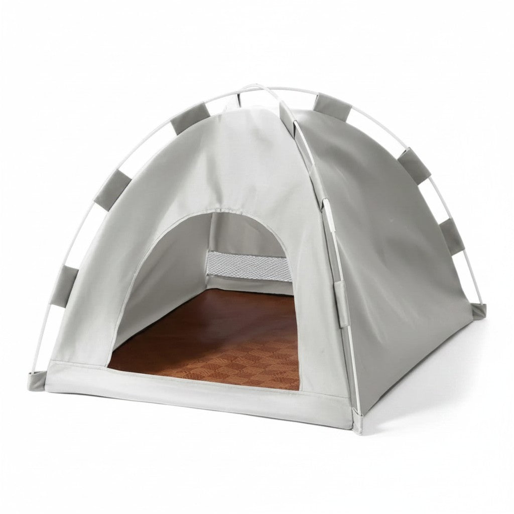 PetFriend grey pet tent with a brown floor, featuring a dome-shaped design for cats or small dogs.