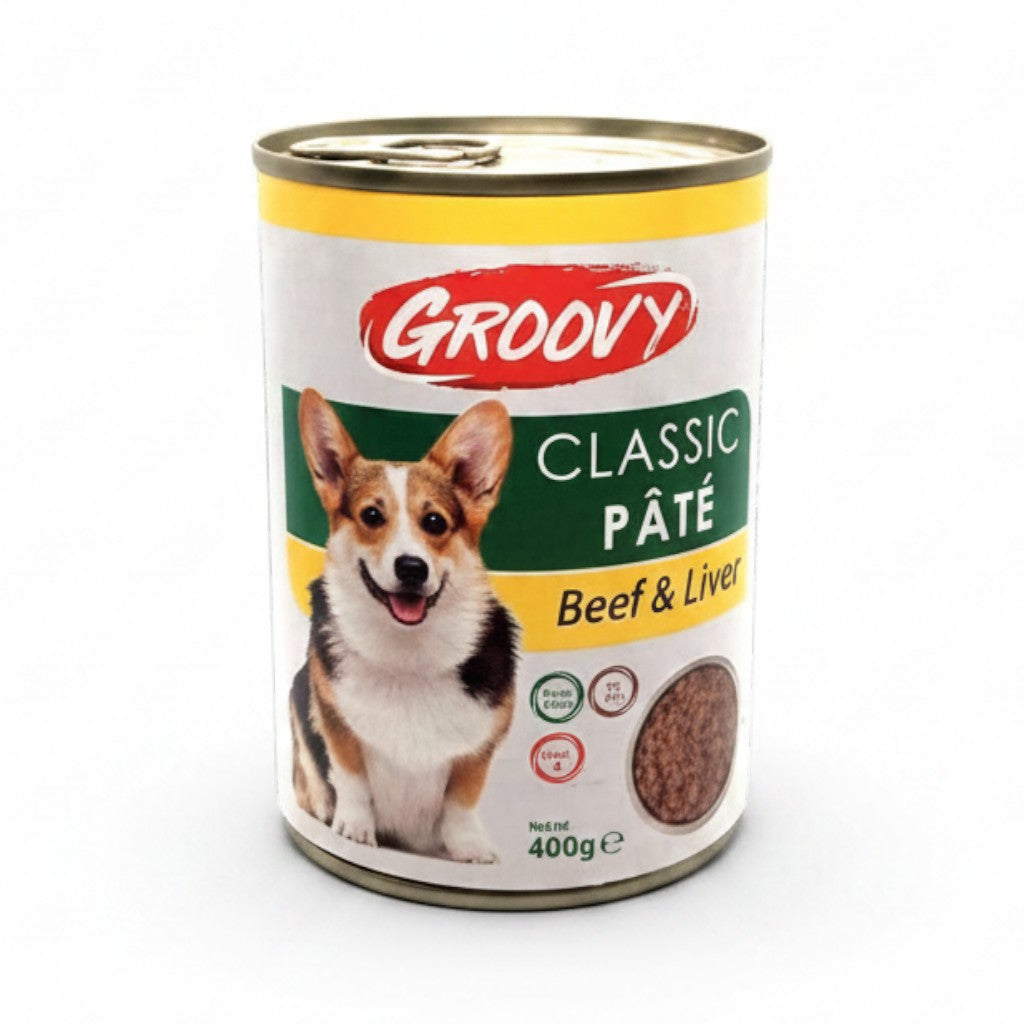 PetFriend Groovy classic pate beef and liver wet dog food in a 400g can with a corgi illustration
