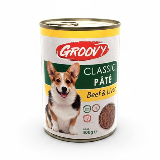 PetFriend Groovy classic pate beef and liver wet dog food in a 400g can with a corgi illustration