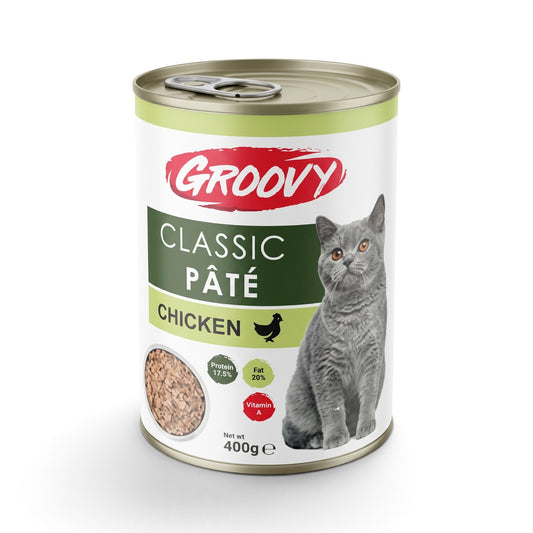 PetFriend GROOVY chicken pate wet cat food in a 400g tin with a grey cat illustration on the label