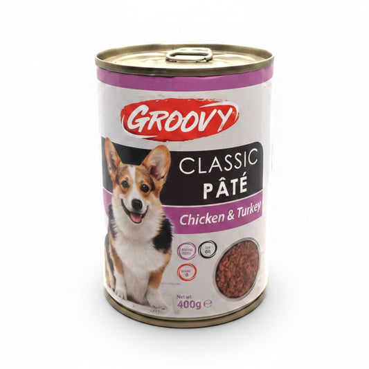 PetFriend Groovy classic pate dog wet food with chicken and turkey in a 400g can featuring a Corgi illustration