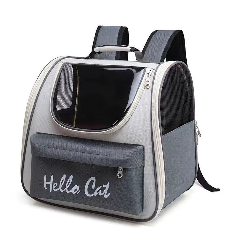 PetFriend Hello Cat grey and white pet backpack with transparent window and mesh panels for cats and small dogs