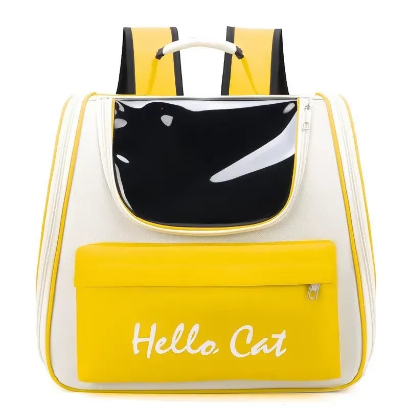 PetFriend Hello Cat pet backpack in white and yellow with a transparent front window for cats and small dogs