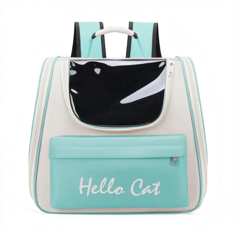 PetFriend Hello Cat pet backpack in mint green and white with a transparent front window and front storage pocket