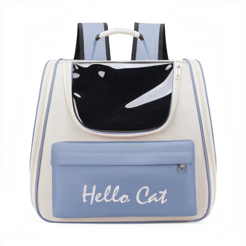 PetFriend Hello Cat pink and blue pet travel backpack with transparent front window and front storage pocket