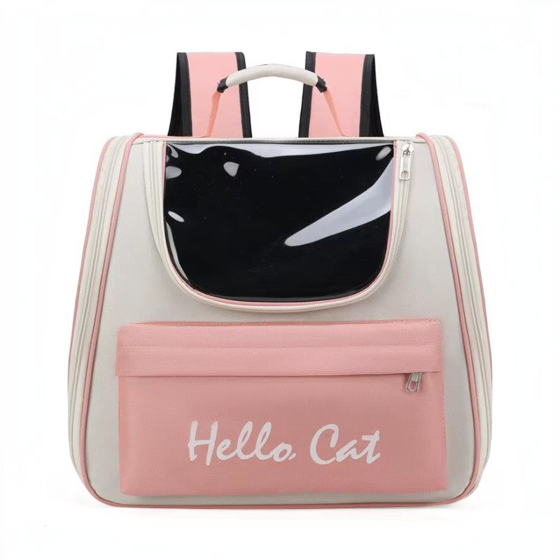PetFriend Hello Cat pink and grey PVC pet travel backpack with a transparent front window and front storage pocket.