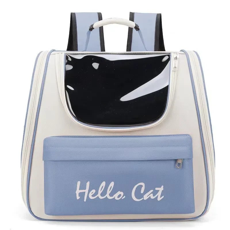 PetFriend Hello Cat pet backpack in pink and white with a transparent front window and front storage pocket