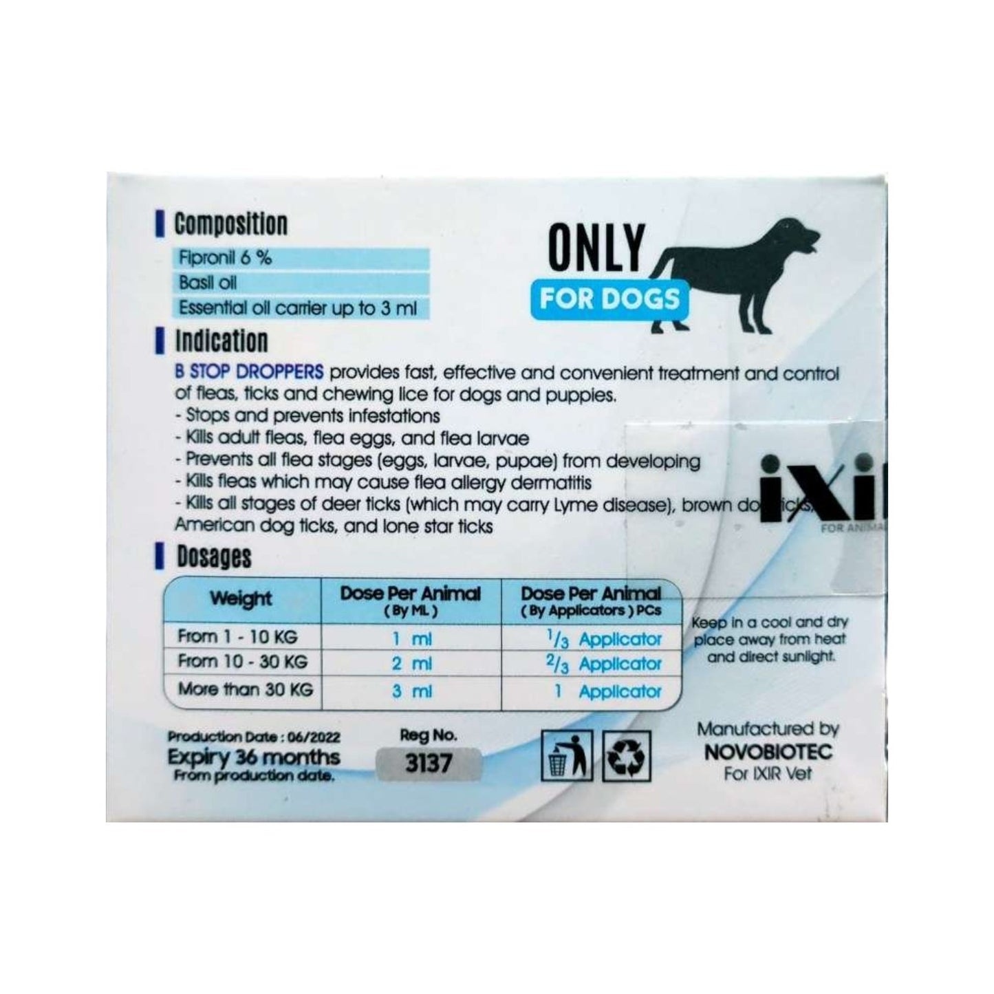 PetFriend iXiR Dropers spot on treatment box for dogs detailing composition, indications, and dosage instructions.