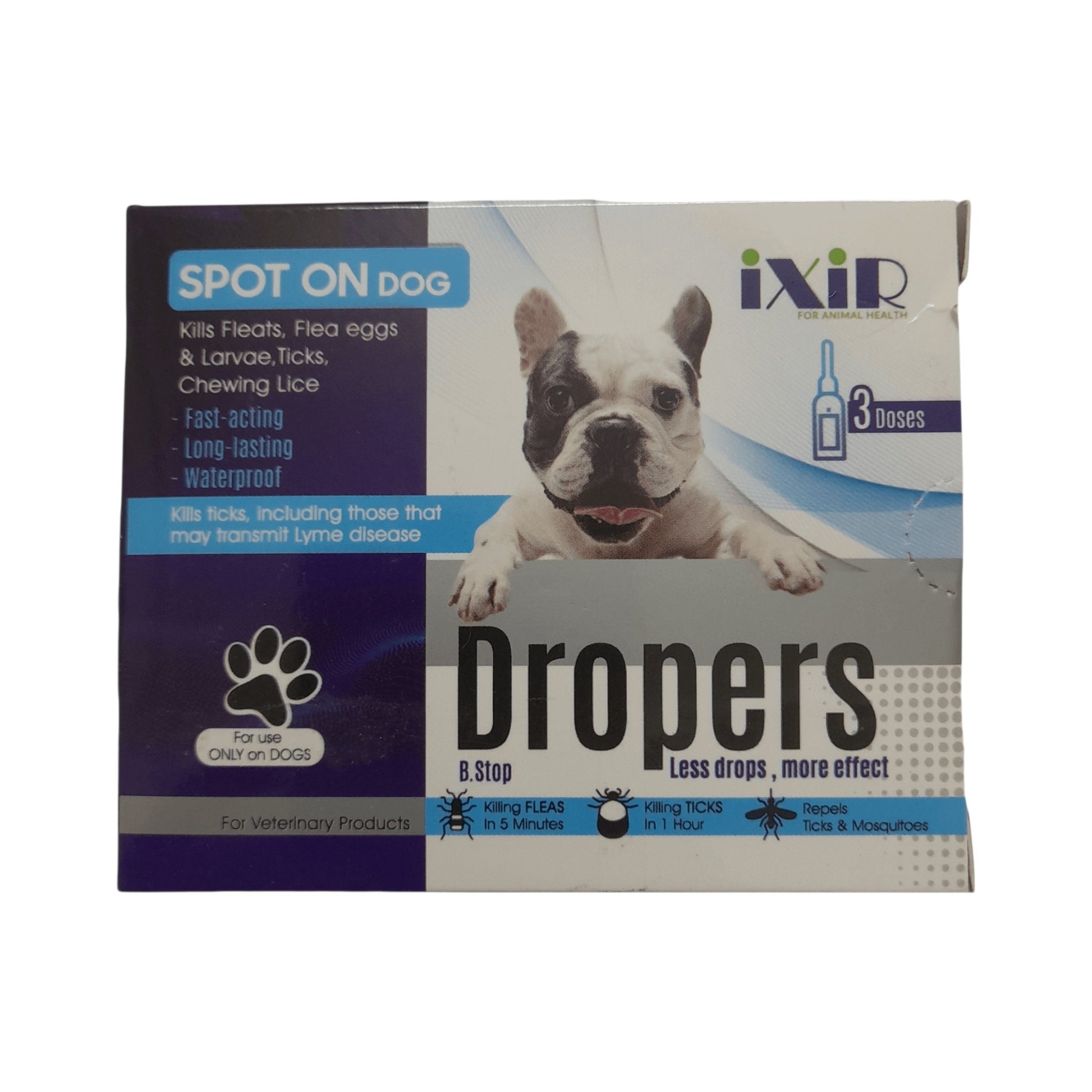 PetFriend iXiR Dropers spot on treatment box for dogs, featuring a French Bulldog and flea and tick protection info.