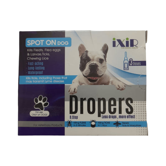 PetFriend iXiR Dropers spot on treatment box for dogs, featuring a French Bulldog and flea and tick protection info.