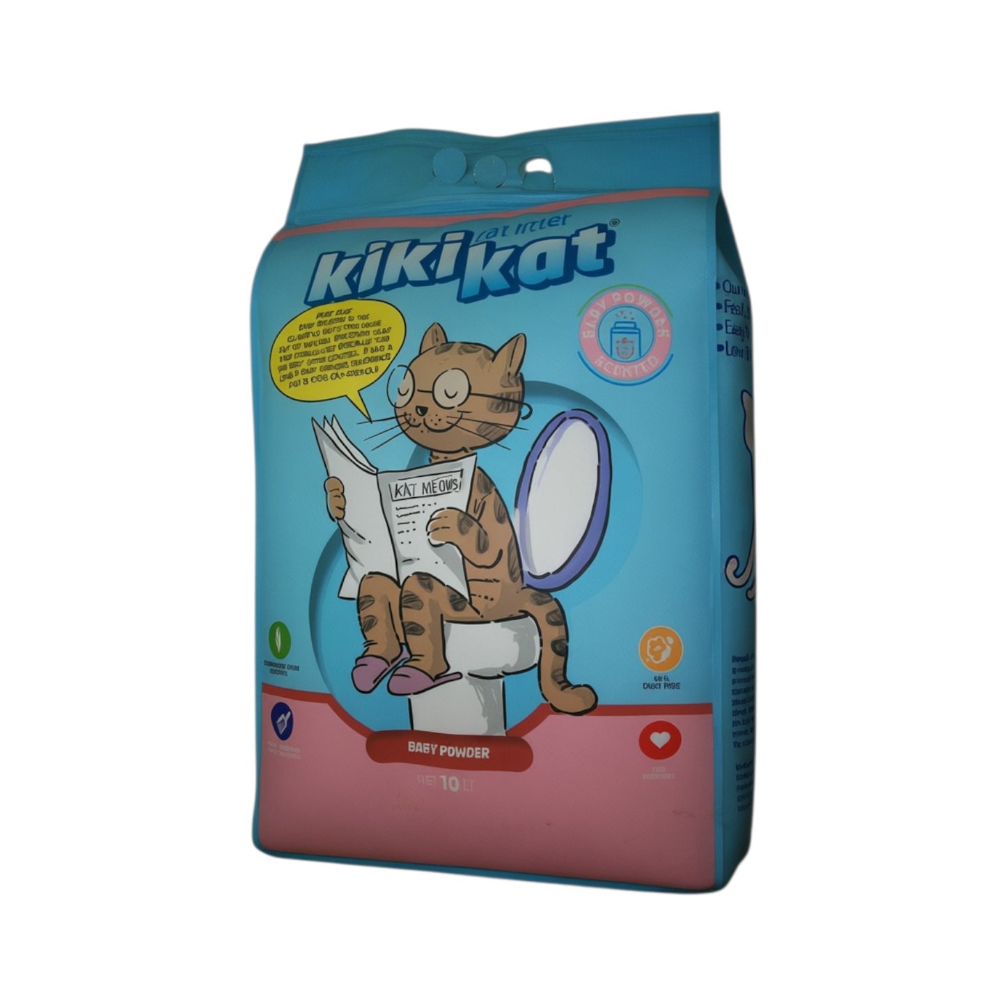 PetFriend Kiki Kat baby powder scented white bentonite clumping cat litter in a 10L blue bag with cartoon cat