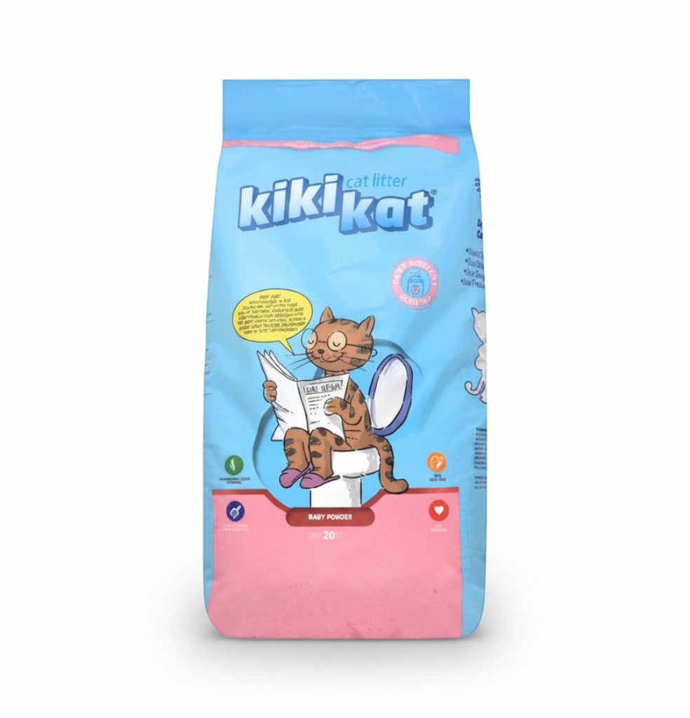 PetFriend kiki kat baby powder scented clumping white bentonite cat litter in a 20L blue and pink bag