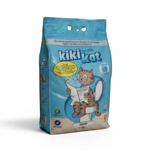 PetFriend kiki kat Cleany scented clumping white bentonite cat litter in a 10L blue bag with cat illustration