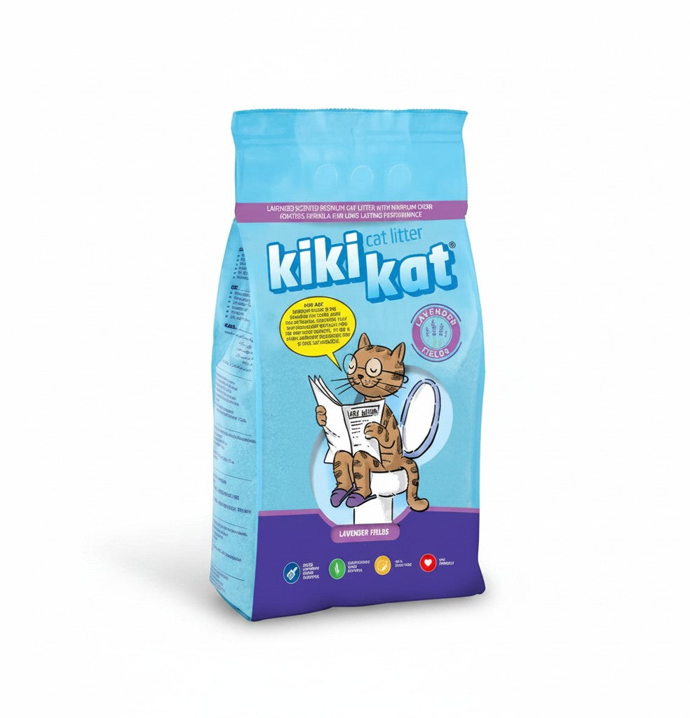 PetFriend KIKI KAT lavender scented clumping cat litter in a 5L blue bag with a cartoon cat illustration