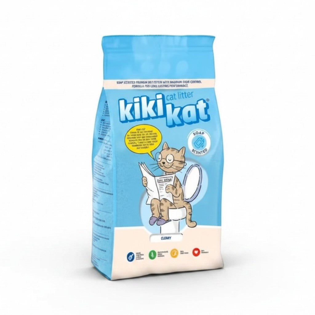 PetFriend kikikat Cleany scented clumping bentonite cat litter in a 5L blue bag with a cartoon cat illustration.