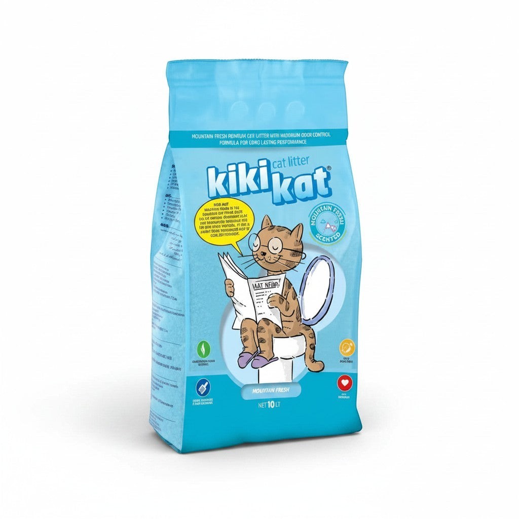 PetFriend kikikat mountain scented clumping white bentonite cat litter in a 10L blue bag with a cat illustration.