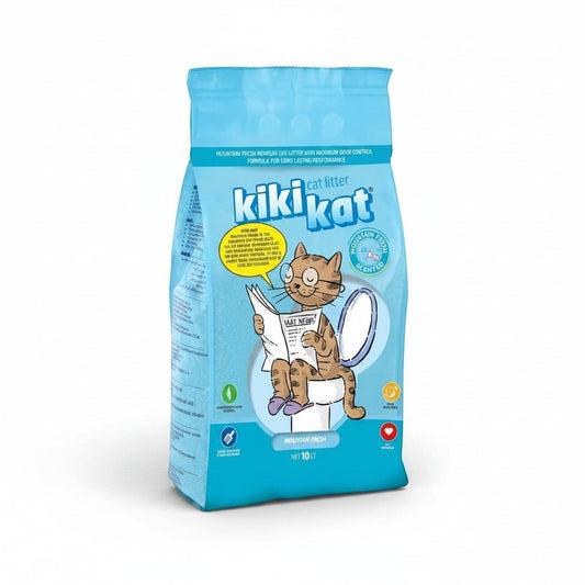 PetFriend kikikat mountain scented clumping white bentonite cat litter in a 10L blue bag with a cat illustration.