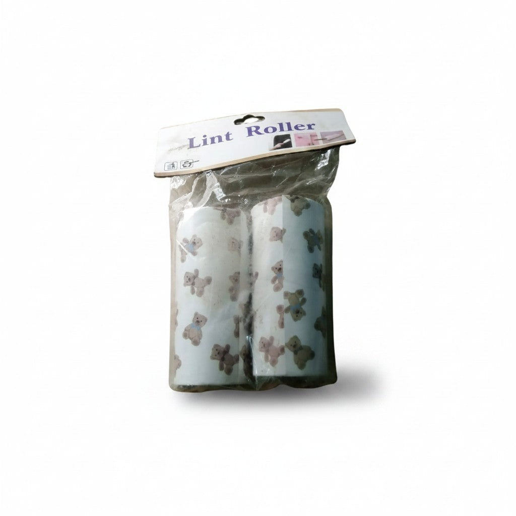 PetFriend lint roller refill pack featuring two adhesive paper rolls with a cute teddy bear pattern for fur removal.