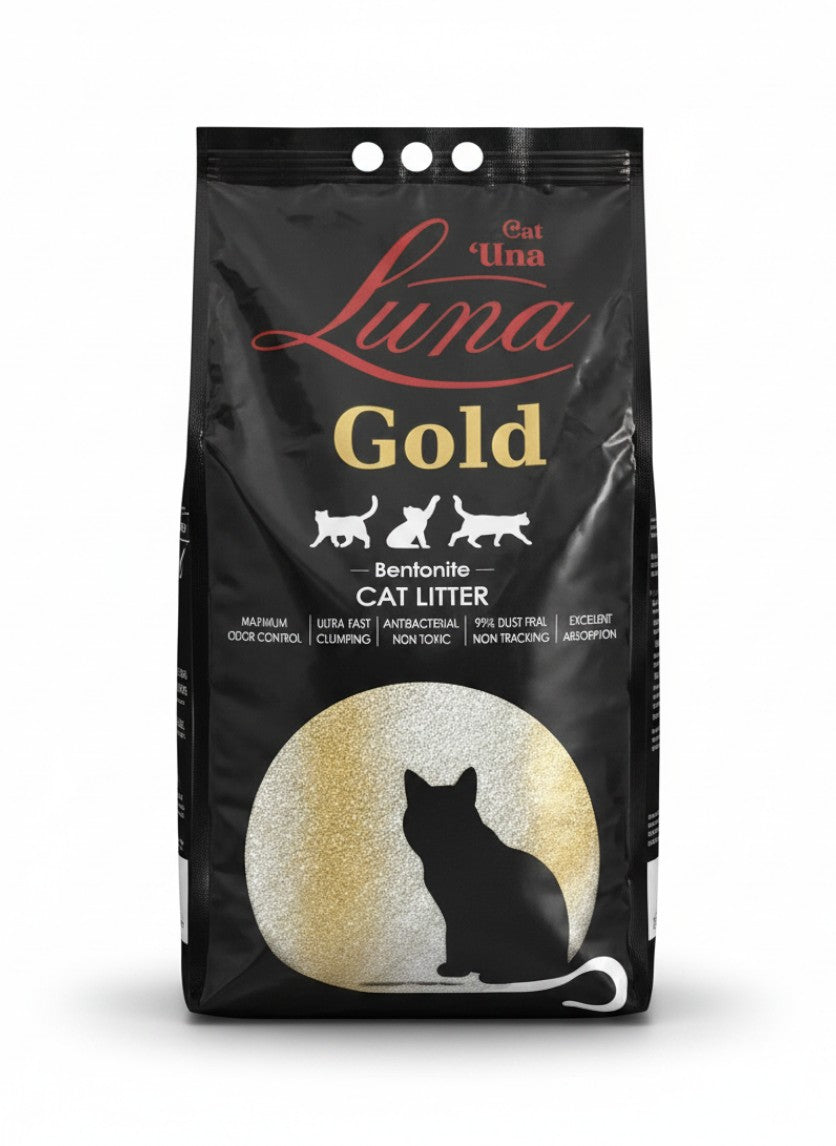 PetFriend Luna Gold baby powder scented clumping bentonite cat litter in a 10L black bag with cat silhouette graphic