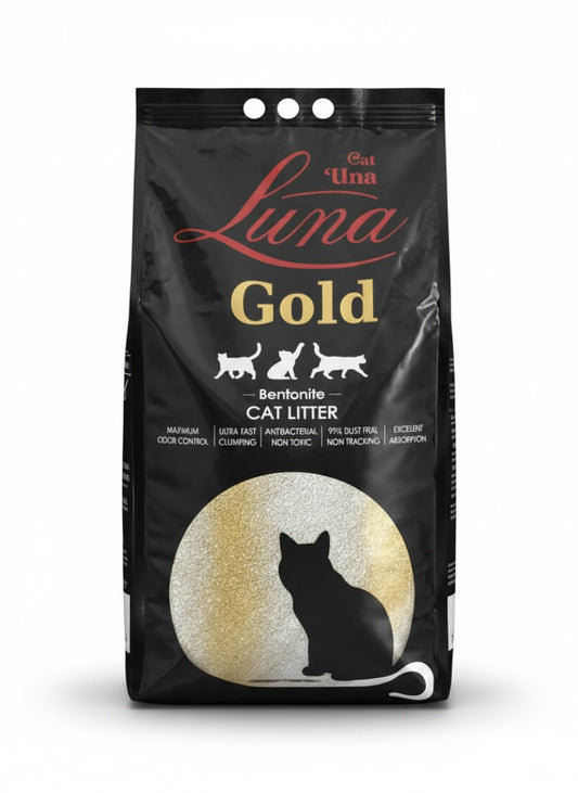 PetFriend Luna Gold baby powder scented clumping bentonite cat litter in a 10L black bag with cat silhouette graphic