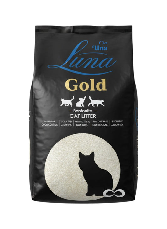 PetFriend Luna Gold scented clumping bentonite cat litter in a 10L black bag with cat silhouette graphic