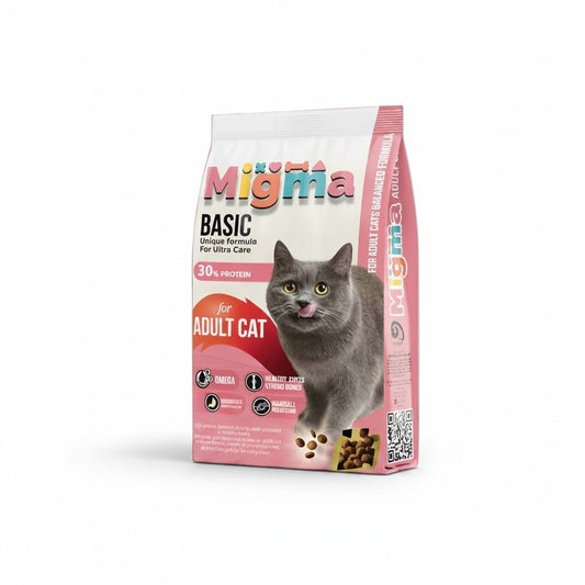 PetFriend Migma 20kg adult cat dry food bag with a grey cat illustration and salmon and chicken protein formula