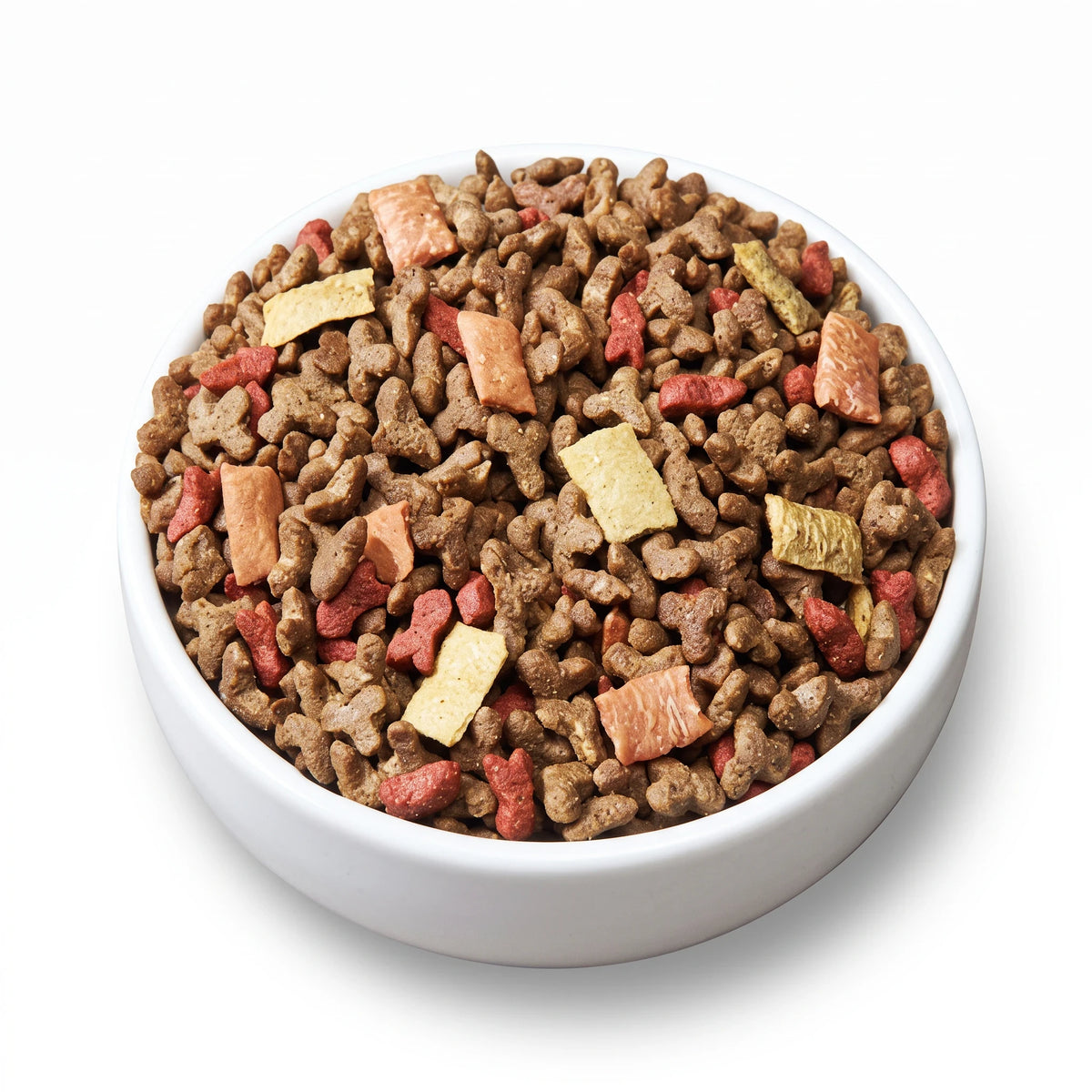 PetFriend MONELLO dry cat food in a white bowl featuring a mix of brown, red, and tan kibble shapes