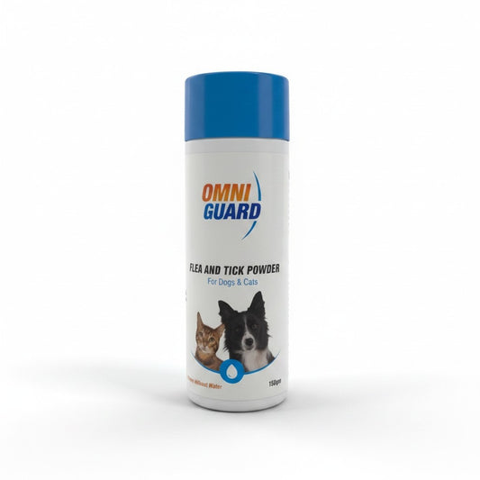 PetFriend OmniGuard anti-parasitic dry shampoo powder for dogs and cats in a white bottle with a blue cap