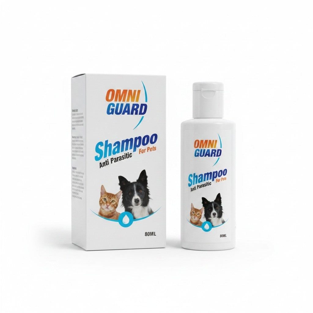 PetFriend OMNIGUARD anti-parasitic shampoo for cats and dogs in an 80ml bottle with matching product box