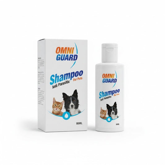 PetFriend OMNIGUARD anti-parasitic shampoo for cats and dogs in an 80ml bottle with matching product box