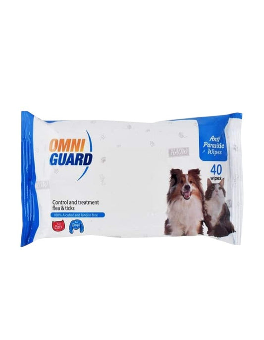 PetFriend OMNIGUARD anti-parasitic wipes for cats and dogs in a white and blue 40-count pack