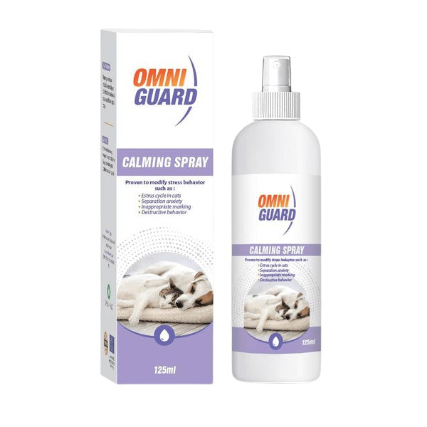 PetFriend Omniguard calming spray bottle and box for dogs and cats, 125ml size with stress relief benefits.