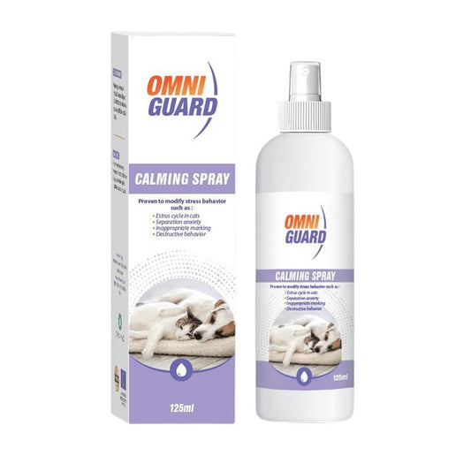 PetFriend Omniguard calming spray bottle and box for dogs and cats, 125ml size with stress relief benefits.