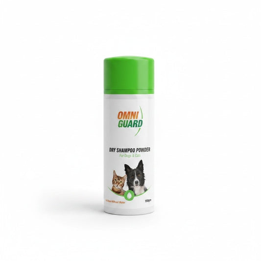 PetFriend OMNIGUARD dry shampoo powder for dogs and cats in a white bottle with a green cap