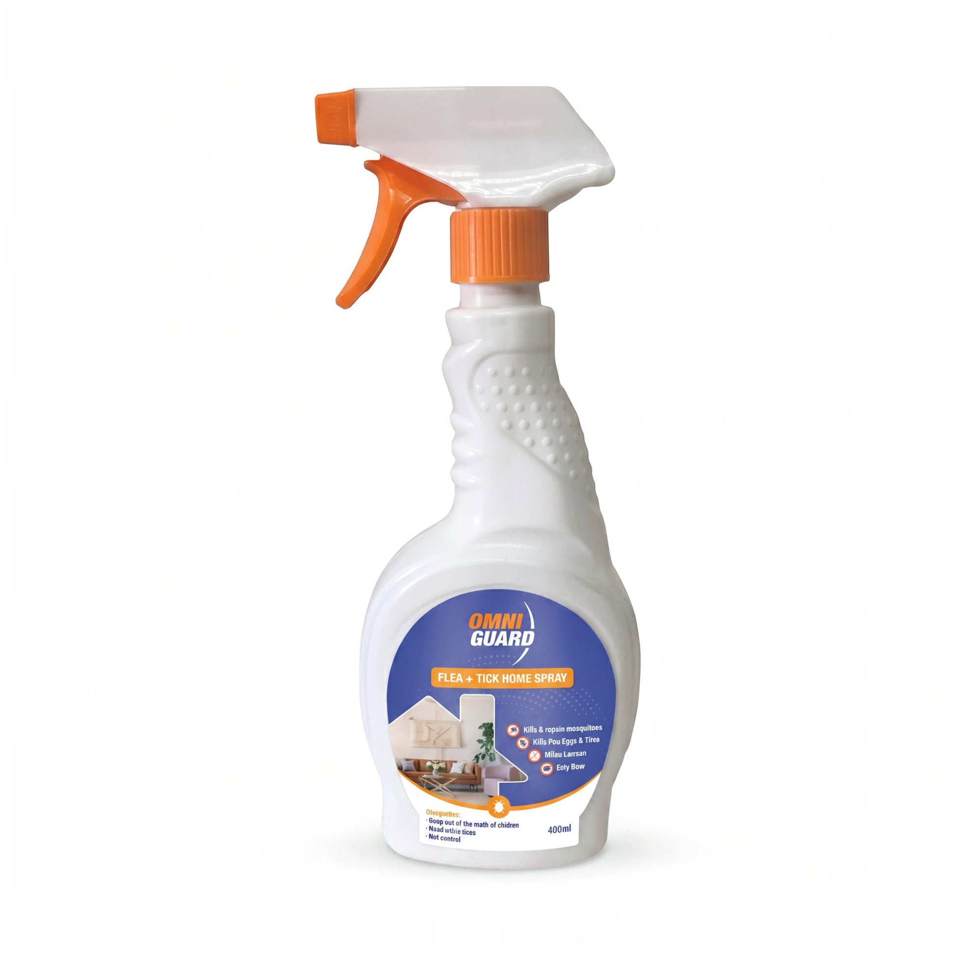 PetFriend OmniGuard 500ml flea and tick home spray bottle with an orange trigger nozzle on a white background.