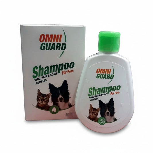 PetFriend OMNIGUARD pet shampoo bottle and box for cats and dogs with a healthy hair and scalp complex formula