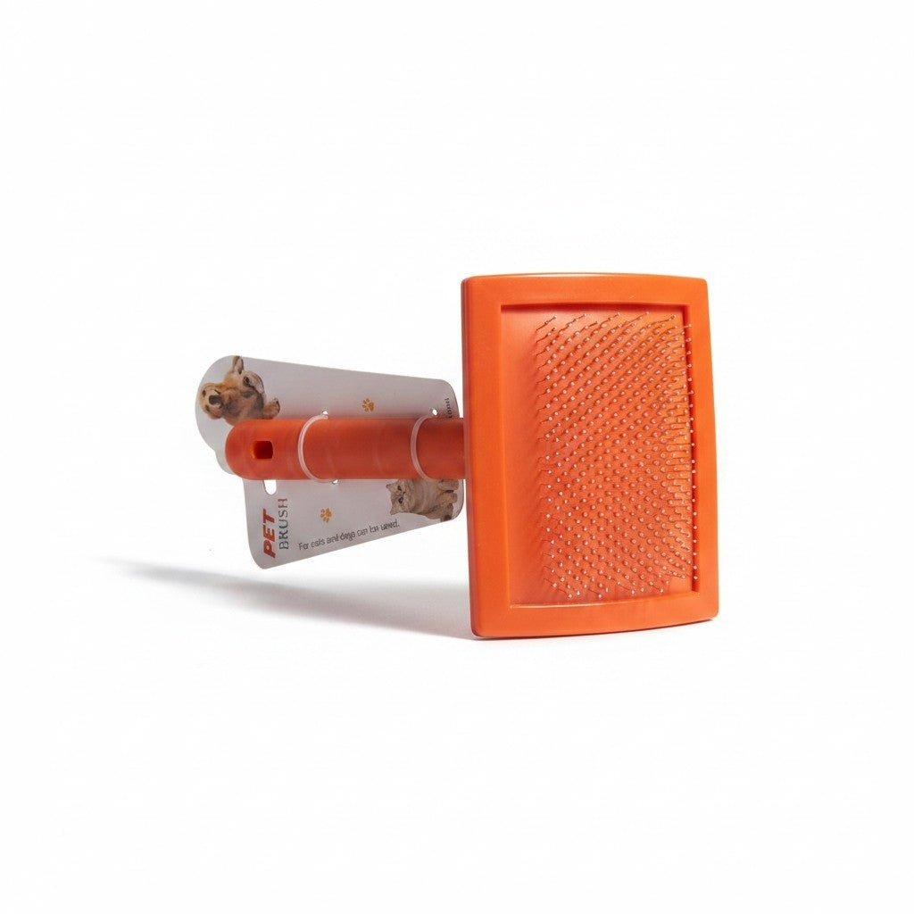 PetFriend orange ergonomic grooming brush for cats and dogs with a square head and fine bristles