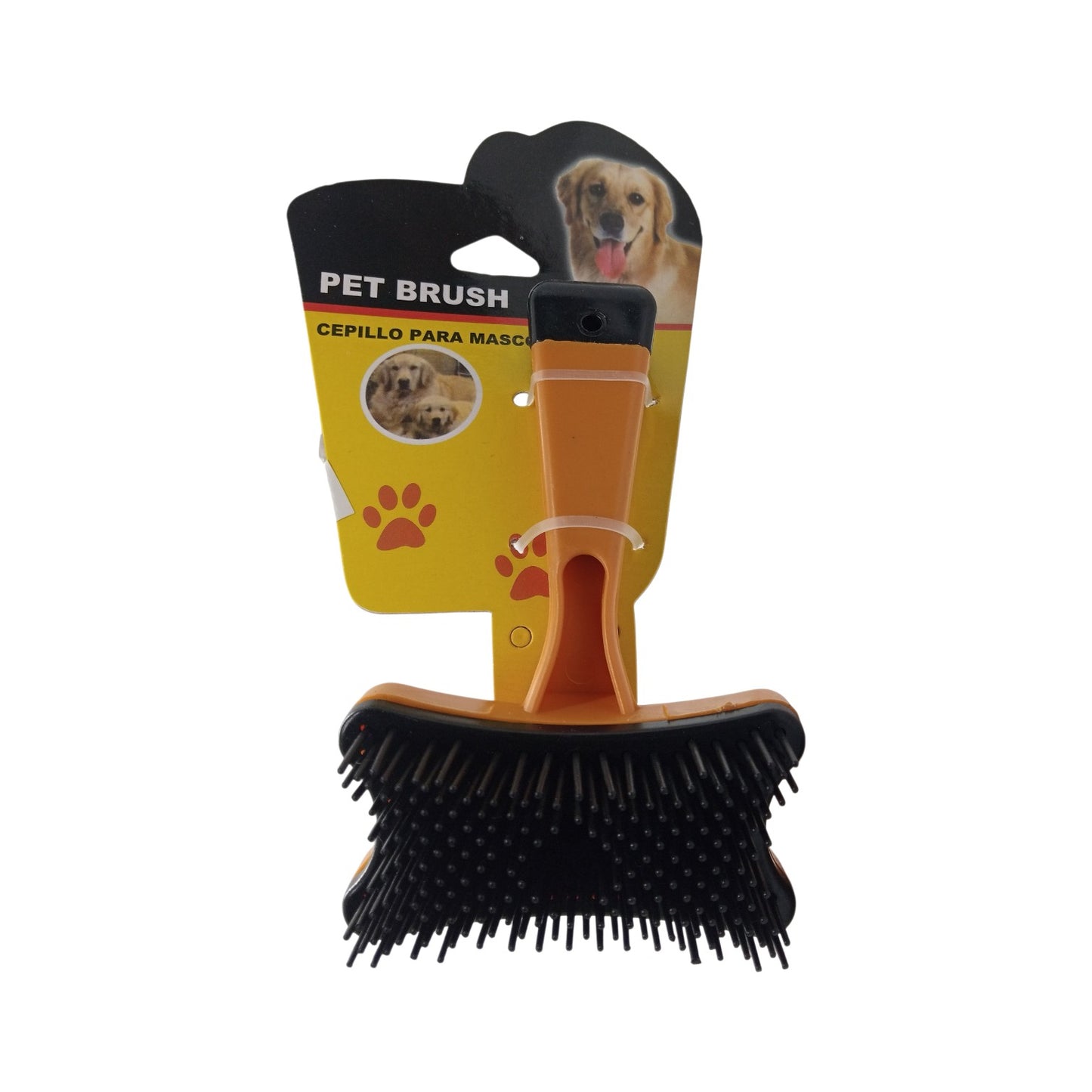 PetFriend pet hair removal brush with orange handle and black bristles, featuring a quick-release button for grooming.