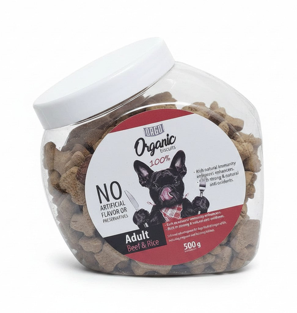 PetFriend Orgo organic beef and rice dog biscuit treats in a 500g clear plastic jar with a white lid
