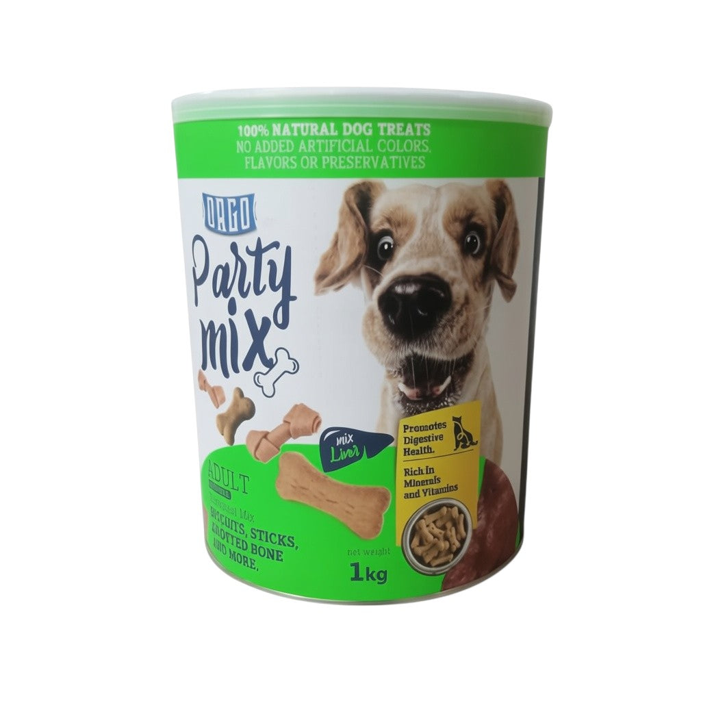 PetFriend Orgo Party Mix liver dog treats in a 1kg container featuring a dog and natural ingredient labels.