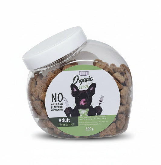 PetFriend Orgo organic liver and rice dog biscuit treats in a 500g clear plastic jar with a white lid