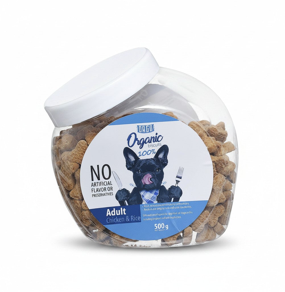 PetFriend ORGO organic chicken and rice dog biscuit treats in a 500g clear plastic jar