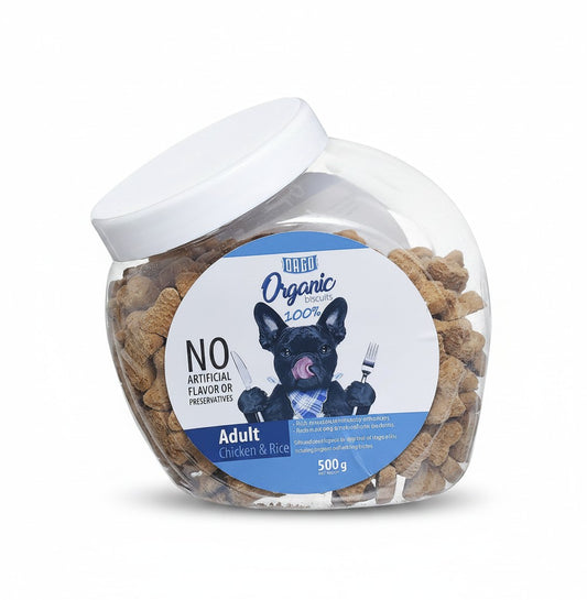 PetFriend ORGO organic chicken and rice dog biscuit treats in a 500g clear plastic jar