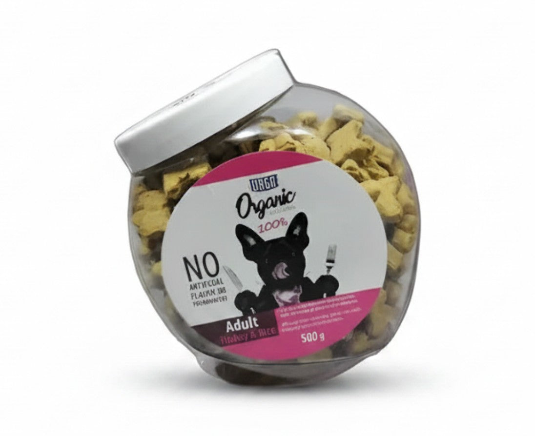 PetFriend ORGO organic dog biscuits with turkey and rice in a 500g clear plastic jar
