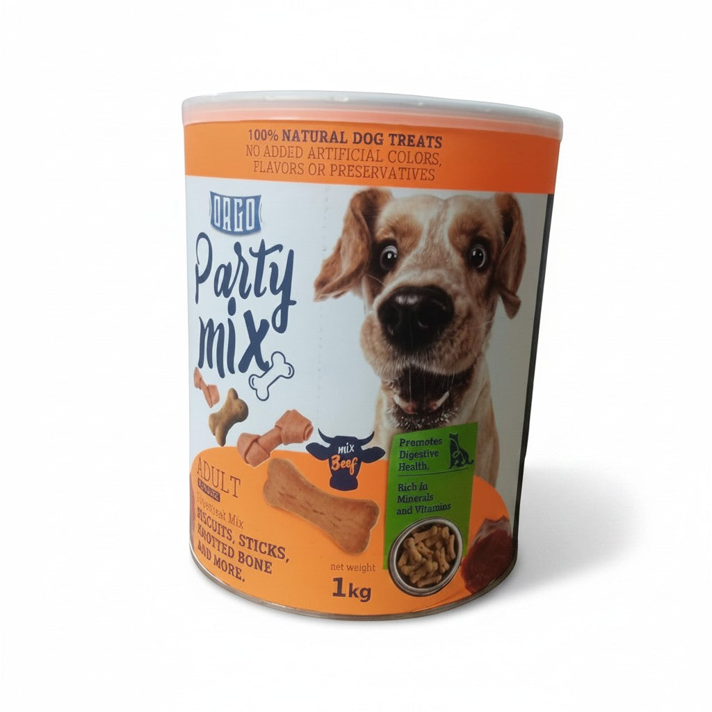 PetFriend Orgo Party Mix beef dog treats in a 1 kg container featuring biscuits, sticks, and knotted bones.