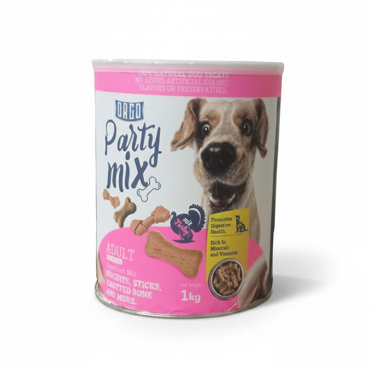 PetFriend Orgo Party Mix turkey dog treats in a 1 kg container featuring biscuits, sticks, and knotted bones.