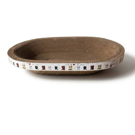 PetFriend oval wide cardboard cat scratcher with a decorative border featuring cute cat illustrations